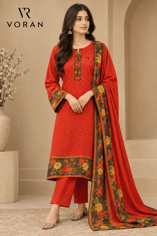 VORAN  Red Printed Linen 3-Piece Suit
